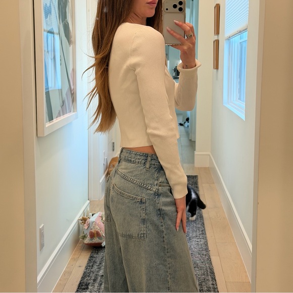 Mango White Ribbed Button-Front Cropped Cardigan - Picture 2 of 3